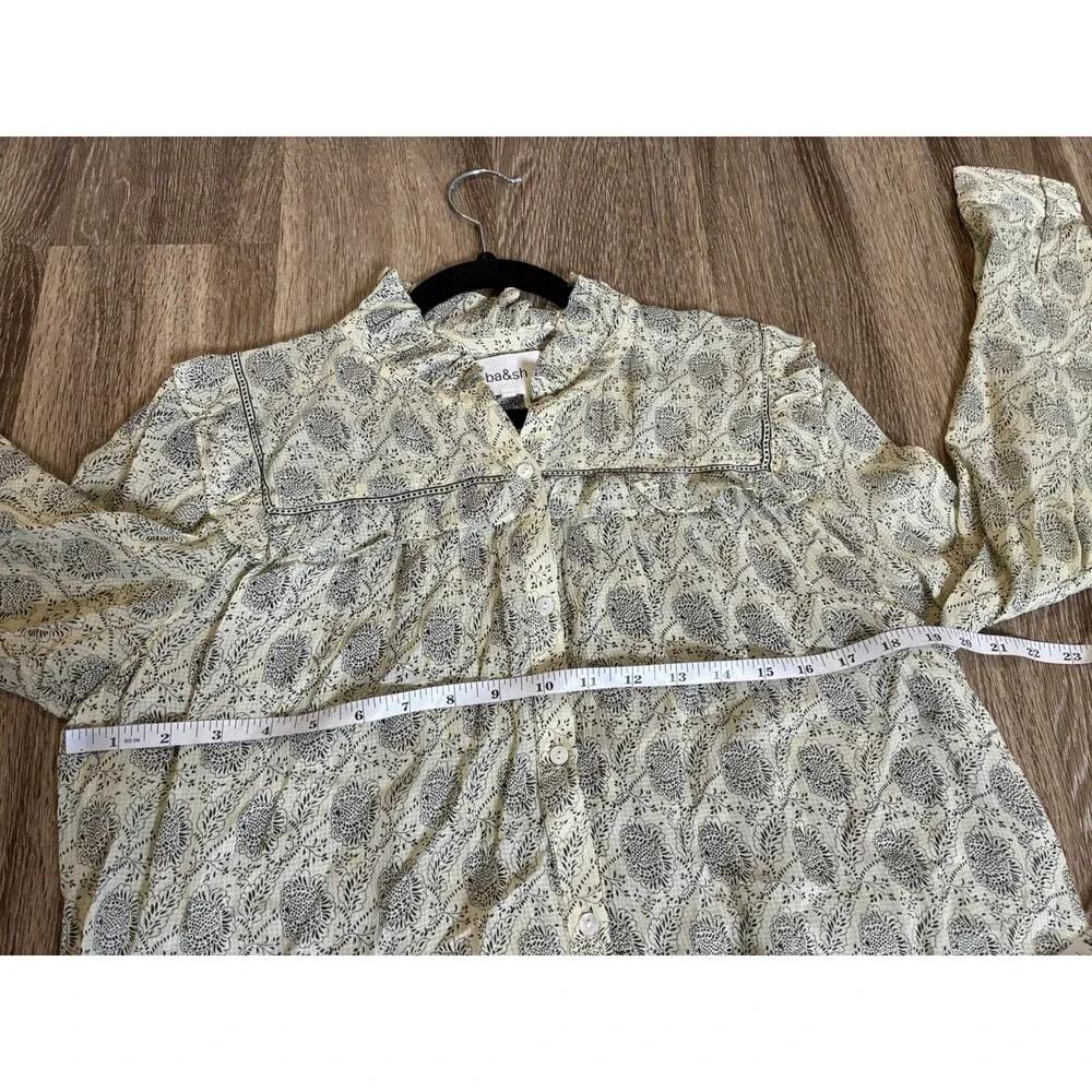 Ba&sh Bora Shirt Light Yellow Pattern Size Medium Long Sleeve Ruffle Trim_11